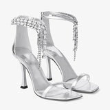 Purpdrank  New Luxury Rhinestones Tassels Women Gladiator Sandals Sexy Ankle Strap Crystal Thin High heels Summer Party Wedding Shoes