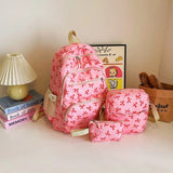 Purpdrank  3Pcs/Set Schoolbag High School Student Girl Bag Set Gentle Day Cute Floral Backpack Lazy Wind Floral Bow Backpack School Bags