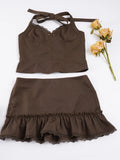 Purpdrank  Elegant Solid 2 Piece Outfit Women's Sexy Lace Trim V Front Sleeveless Halter Crop Top and Ruffles Mini Skirt Matching Set