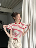 Purpdrank  Vintage Striped Women's Knitted T-shirts 2025 New Summer Casual Loose O-neck Hollow Out Knitwear Short Shirts Top Female