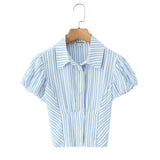 Purpdrank  Stylish Blue White Striped Lapel ollar Short Puff Sleeve Shirt Women Slim Waist Open Buttons Crop Blouse Girl's Tops