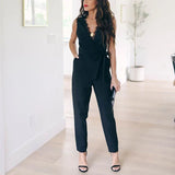Purpdrank  Fashion Lace Women Jumpsuit With Belt Sleeveless Casual V-neck Solid Women Black Jumpsuits Fashion Female Pants Suit Pants