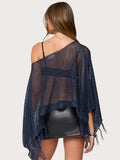 Purpdrank  Summer Slant Neck Batwing Sleeve Loose Women's Top Sexy Hollow Holiday Irregular T-shirt Tassel Splicing Solid Knitted Cover Up