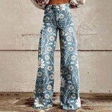 Purpdrank  Vintage Gradient Faux Denim Pants Womens Wide Leg New Fashion High Waist Casual Retro Punk Women Faux Denim Trousers Jeans