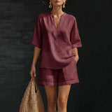 Purpdrank  Spring Summer Bohemian Vacation Beach Outfit Sexy V Neck Short Sleeve Loose Top Pocket High Waist Shorts Sets Casual Street Suit