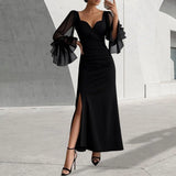 Purpdrank  Women Party Dress Autumn New Slim Fit Trumpet Sleeve Evening Dress Long Flowing Hem Flattering High-waist Holiday Dress