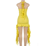 Purpdrank  Yellow Ruffles Sexy Halter Backless Summer Dresses for Women 2025 Fashion Asymmetrical Deep V-Neck Mini Party Prom Dress Ladies
