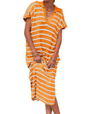 Purpdrank  Women Dress Long Dresses Knitted Turn Down Collar Short Sleeve Print Striped Casual Loose Elegant Splice Summer Vestidos
