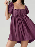 Purpdrank  Women Summer Short Mini Dress Solid Short Puff Sleeve Square Neck Backless Criss-Cross Tie-up Dress Vestidos