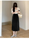 Purpdrank  Elegant Silk Satin Skirts Women High Waist H-line Midi Skirt Lady Fashion Solid Color Black Long Skirts for Women 2025 New