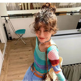 Purpdrank  Flare Sleeve Knitting Pullovers Women Rainbow Stripe Hollow Out Crop Tops Y2K Korean Loose O Neck All-Match Sunscreen Jumper