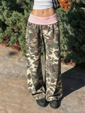 Purpdrank  American Retro Camouflage Print Wide Leg Pants Women's Color Match Loose Straight Casual Streetwear Trousers with Pockets