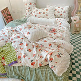 Purpdrank  Korean Ins Rose Pastoral Lace Quilt Cover Washed Cotton Princess Bedding Sets Bed Skirt Ruffles Pillowcase Woman Duvet Cover