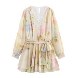 Purpdrank  Lace stitching round neck long sleeve loose sweet style A-line dress short skirt summer new women's clothing
