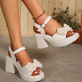 Purpdrank  Elegant Bow Knot Square Heel Sandals Woman Fashion Beige Back Strap Open Toe Sandal Female Pu Leather Thick Bottom Sandal Mujer