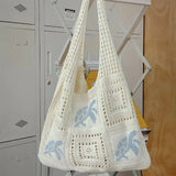 Purpdrank  Casual Cartoon Turtle Knitting Shoulder Bag Hollow Large Capacity Beach Bag Knitted Beige Brown Underarm Bag Vacation
