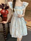 Purpdrank  French Ruffled Lace Square Neck Small Flying Sleeve Floral Dress Summer New Style Waist-hugging Short Skirt