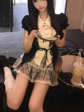 Purpdrank  Harajuku Summer Women 2 Piece Set Gothic Lace Slim Tops + Elastic Plaid Short Skirt Female Retro High Street Y2k Design Outfits