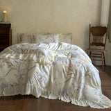 Purpdrank  Rose Flowers Print Lace Ruffles Bedding Set Lyocell Soft Silky Cool Feeling Duvet Cover Flat/Fitted Bed Sheet Pillowcase 4Pcs
