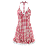Purpdrank  Sexy Red White Plaid Spliced Lace Lacing Up Bow Halter V Collar Mini Dress Women Ruffles Hem A-line Short Dresses Robe Vestidos