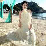 Purpdrank  French Style Halter Neck Dress with Floral Ruffles, Light Luxury Niche Gown