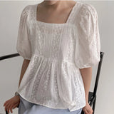 Purpdrank  Summer Cotton Puff Sleeve Women's T-shirts 2025 New Square Collar Backless Hollow Out Casual Loose Shirts Tops Female