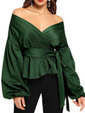 Purpdrank  Women's Blouses Summer Autumn Sexy Elegant Mature Vibe Plain Lace-Up Bright Silk Long Sleeve Off Shoulder Casual Blouses