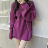 Purpdrank  Stylish High Collar Mid-Length Women's Knitwear Sweater Loose Striped Base Layer Autumn Winter New Lazy Style Top Shirt