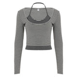 Purpdrank  Harajuku Fake Two Pieces Stripe T-shirts Y2k Aesthetic Casual Halter Cropped Tshirts Autumn Women Patchwork Grunge Bodycon Tops