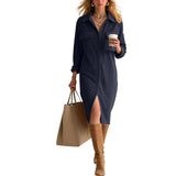Purpdrank  Women's Corduroy Maxi Dress Lapel Collar Button Down Long Sleeve Casual Shirt Dress With Pockets Loose Side Slit Office Dresses