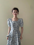 Purpdrank  French Print Dress Women's Summer Waist Square Neck Dress