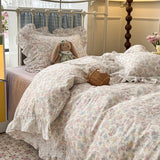 Purpdrank  French Floral Ruffles Princess Bedding Set Double Layer Yarn Pure Cotton Duvet Cover Set Pillowcases Flat/Fitted Bed Sheet 4Pcs