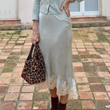 Purpdrank  New Lace Patchwork Silk Surface Half Skirt Draped Glossy A-line Mid-length Skirt Women Spring Autumn Elegant Demeanor Lace Skirt