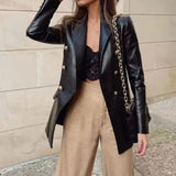 Purpdrank  Women's Double-Breasted Long-Sleeved PU Leather Jacket with Pockets Solid Color Fashion Small Suit for Autumn Winter