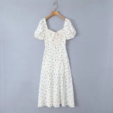 Purpdrank  Retro French Style Fruit Cherry Print Midi Long Dress Puff Sleeve Chest Ruched Bow Square Collar Hem Slit Swing Robe Fairy