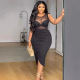 Purpdrank  Sexy Black See Through Mesh Patchwork Bodycon Midi Dress for Women Elegant Sleeveless O-neck Ruched Split Night Club Party Dress