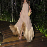 Purpdrank  Tassel Patchwork Irregular Long Dress 2026 Women Elegant Hanging Neck Solid Color Robe Dress Summer Off Shoulder Party Dresses