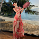 Purpdrank  Super Fairy Large Swing Atmosphere Pink Rose Flower Retro Square Neck Strap Long Dress Design Sense Beach Vacation Dress
