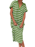 Purpdrank  Women Dress Long Dresses Knitted Turn Down Collar Short Sleeve Print Striped Casual Loose Elegant Splice Summer Vestidos