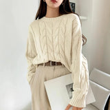 Purpdrank  Women Fall Winter Twist Knit Top Pullover Sweater Loose Round Neck Solid Color Versatile Fashionable Comfortable Petite
