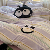 Purpdrank  Striped Cute Embroidered Bedding SetBed Flat Sheet Pillowcase Duvet Cover Set 200x230cm King Four Piece Set Soft Home Textiles