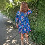Purpdrank  Summer Short Sleeved Loose Holiday Dress Blue Floral Printed O Neck Women's Dress Elegant Button Pleated Bohemian Dress Vestidos