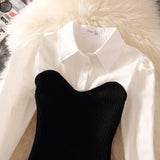 Purpdrank  Spring New Lapel Knitshirt Women's Design Sensibility Niche Waist-Fitted Slimming Two-Piece Illusion Long Sleeve Top