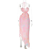 Purpdrank  3D Floral Sexy Halter Strapless Long Dresses for Women 2025 Summer Fashion Asymmetrical Ruffles Mesh Maxi Dress Y2K Side Split