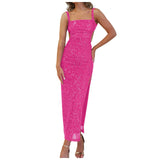 Purpdrank  Women Dresses Sexy Backless Sequin Suspender Long Dress Slim Slit Square Neck Party Dress Cocktail Split Vestidos Robes Longues
