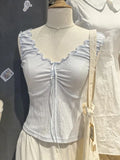 Purpdrank  Solid Ruffles V Neck Tank Tops Women Summer Lace-up Bow  Sleeveless Slim Crop Top Female Simple Casual Sweet Cotton Vest New