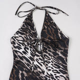 Purpdrank  Sexy Lace-up Deep V Halter Leopard Print Long Dress Women Fashion Sleeveless Backless Bodycon Mermaid Evening Party Gown