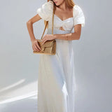 Purpdrank  Summer Fashion Womens White Long Dresses Elegant Short Sleeve V-Neck Hollow Out Dresses High Waisted Casual Dress