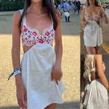 Purpdrank  Women's Summer Casual Sling Dress Lace Trim Rose Flower Print Sleeveless Sweet Dress Fashion Tie-Up Backless Mini Dress