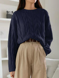 Purpdrank  Women Fall Winter Twist Knit Top Pullover Sweater Loose Round Neck Solid Color Versatile Fashionable Comfortable Petite